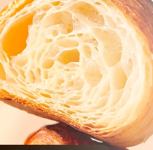 Croissant artesanal partido, hojaldrado por fuera y suave por dentro