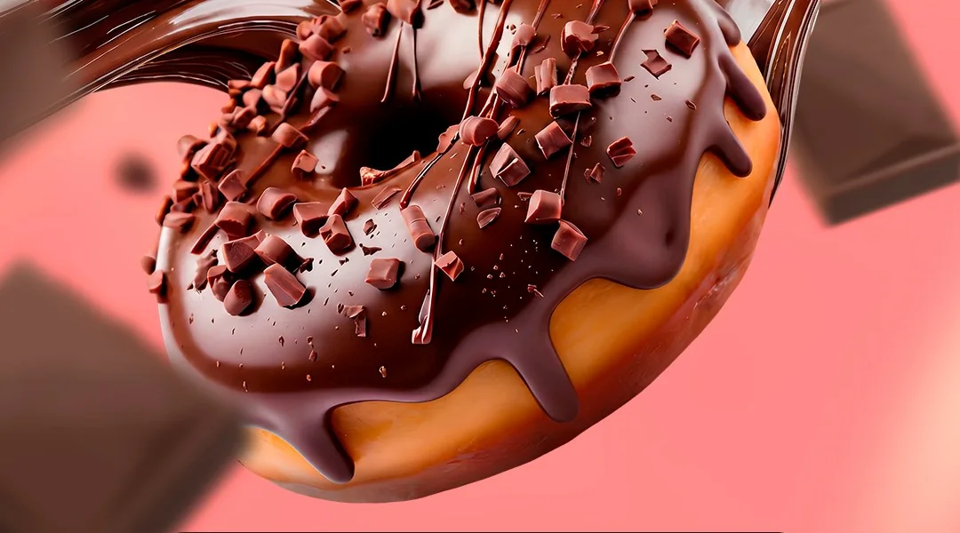 Dona artesanal bañada en chocolate con hojuelas de cacao