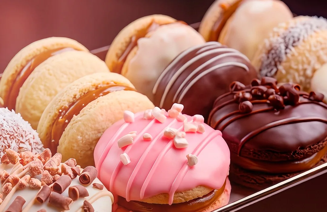 Selección de dulces gourmet con coberturas de chocolate y fresa